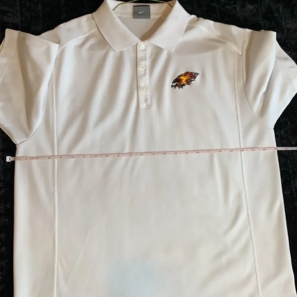 Men's Dri-Fit White Nike Golf Polo with Firebird Embroidered Logo, Size Large